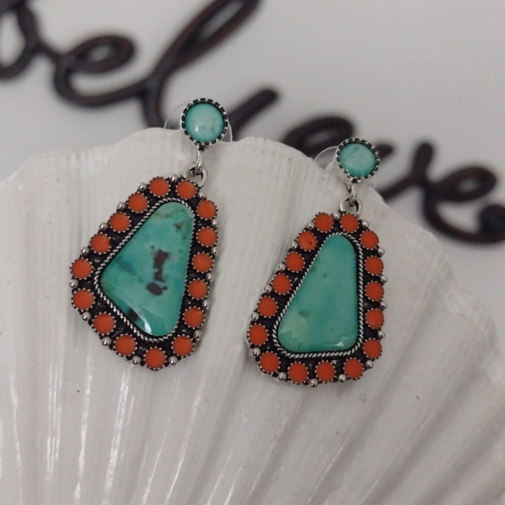 Turquoise and Coral Faux Stone Gorgeous Drop Earrings - Picture 8 of 8